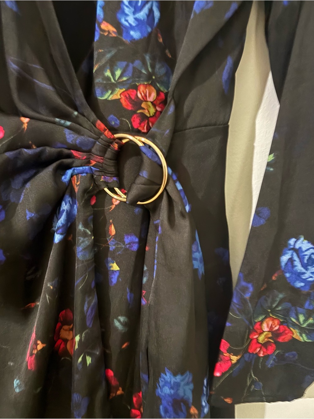 INC International Concepts Black Floral Wrap Belt with Gold Ring